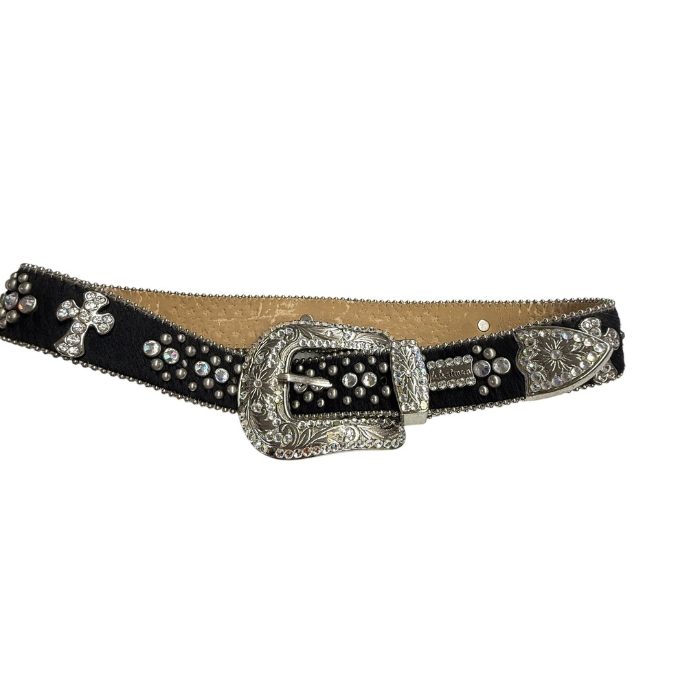 BB Simon Calf Hair Belt Womens Small Black Excellent Crystal Cross Western Studs